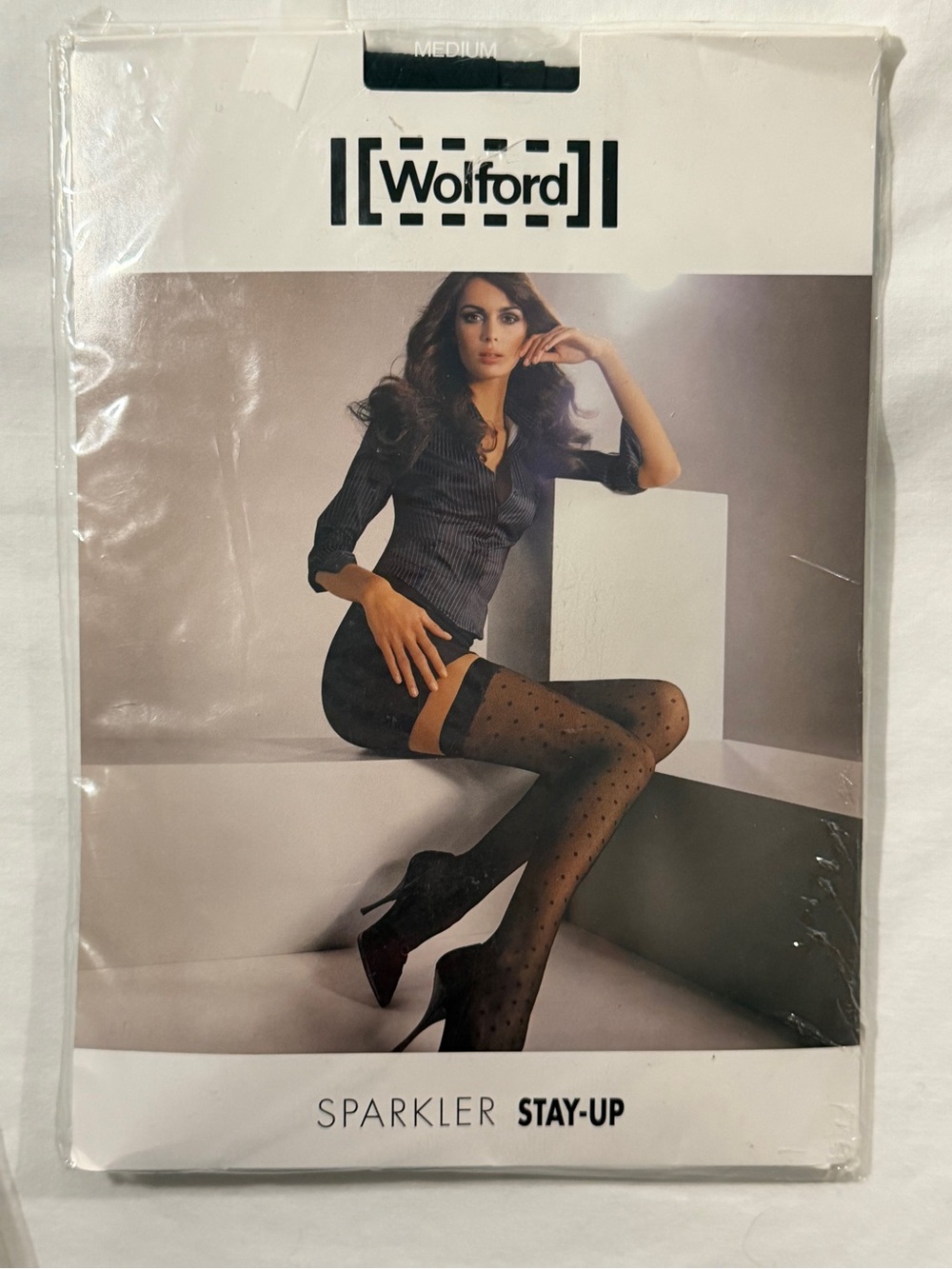 Wolford Made in Austria Woman's S, M Patterned Sheer Tights Black, Tan, Blue - Picture 4 of 10